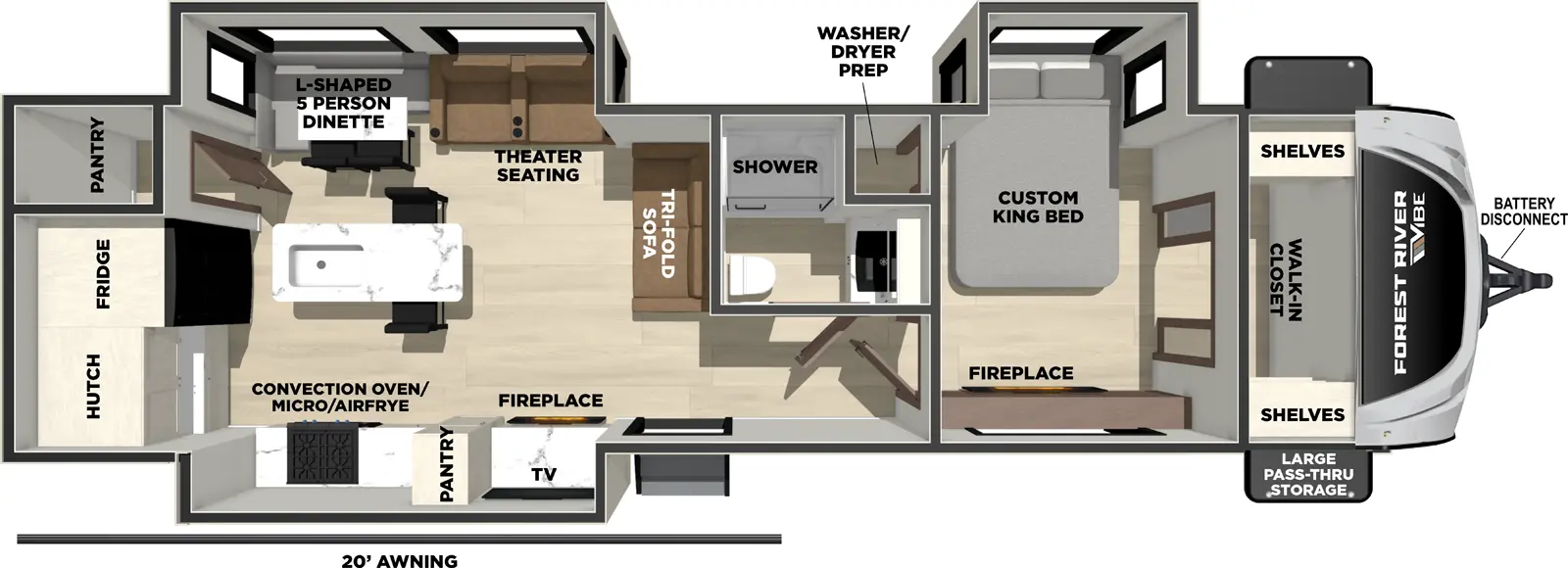 The Vibe 3400XL floorplan has one entry and three slide outs. Exterior features include: fiberglass exterior and 20' awning. Interiors features include: kitchen island and front bedroom.